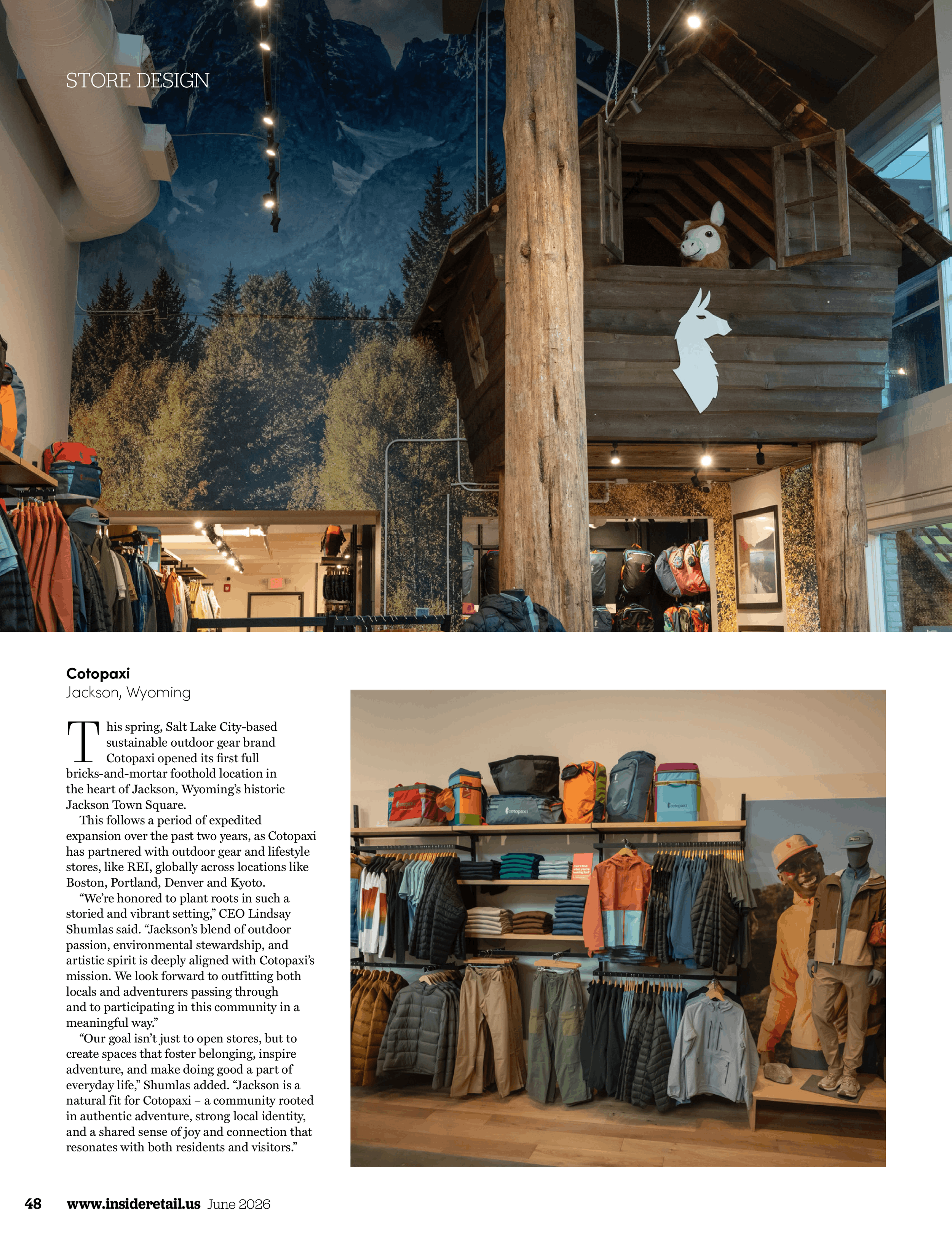 Interior of a retail outdoor gear store with a mountain landscape mural on the wall. The store features shelves with colorful backpacks, jackets, and outdoor clothing, along with a wooden loft area with stuffed animal decor. There are mannequins dressed in outdoor attire and various store displays visible in the scene.