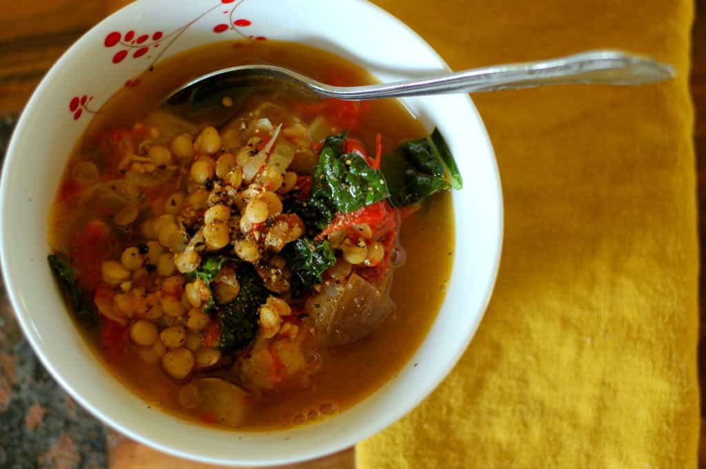 Spiced Lentil Soup with Roasted Tomatoes &amp; Eggplant