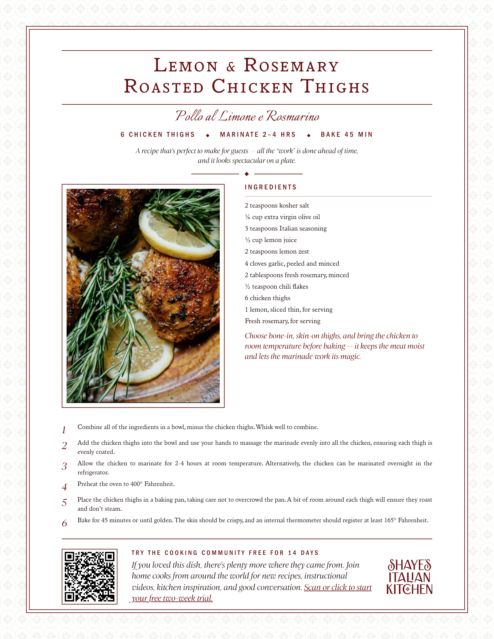 Printable Lemon and Rosemary Roasted Chicken Thighs recipe card from Shaye's Italian Kitchen