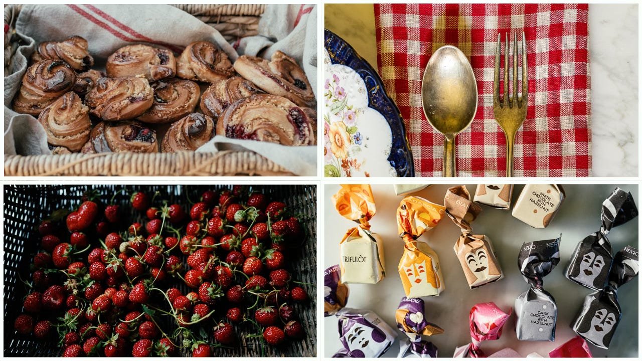 A grid of four images: a basket of cinnamon rolls, a fork and spoon on a red checkered napkin, a basket of strawberries, and a flat-lay image of Italian chocolate truffles