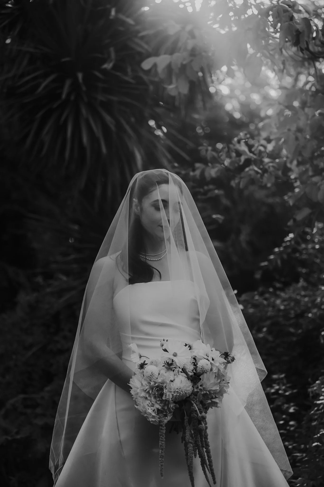 Braidwood Wedding Photographer. A bride wearing a veil and dress, holding a bouquet of flowers, standing outdoors with lush foliage and sunlight in the background, in black and white.