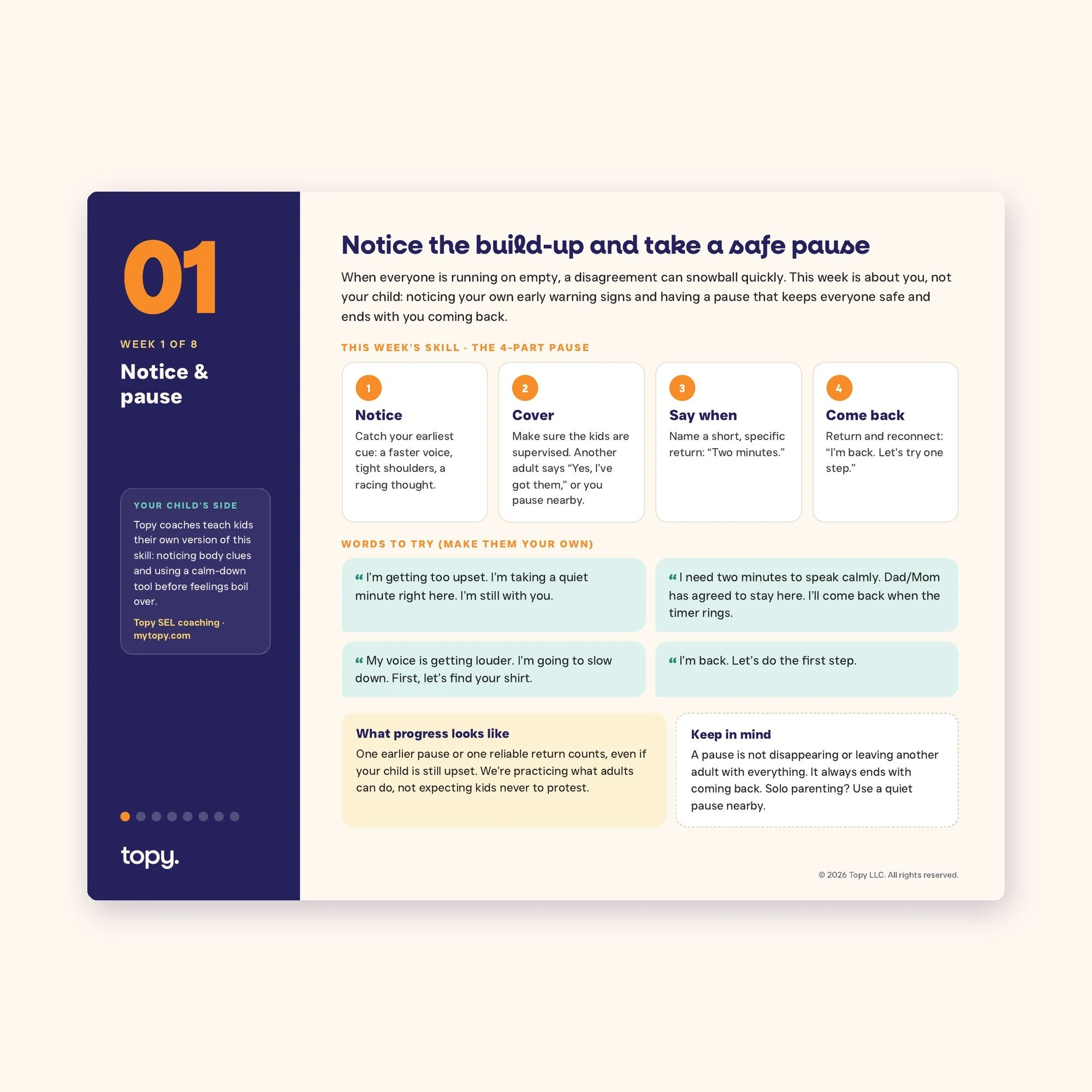 Week 1 page of the Calmer Together workbook: notice the build-up and take a safe pause