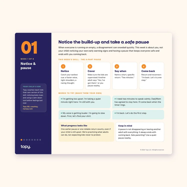 Week 1 page of the Calmer Together workbook: notice the build-up and take a safe pause