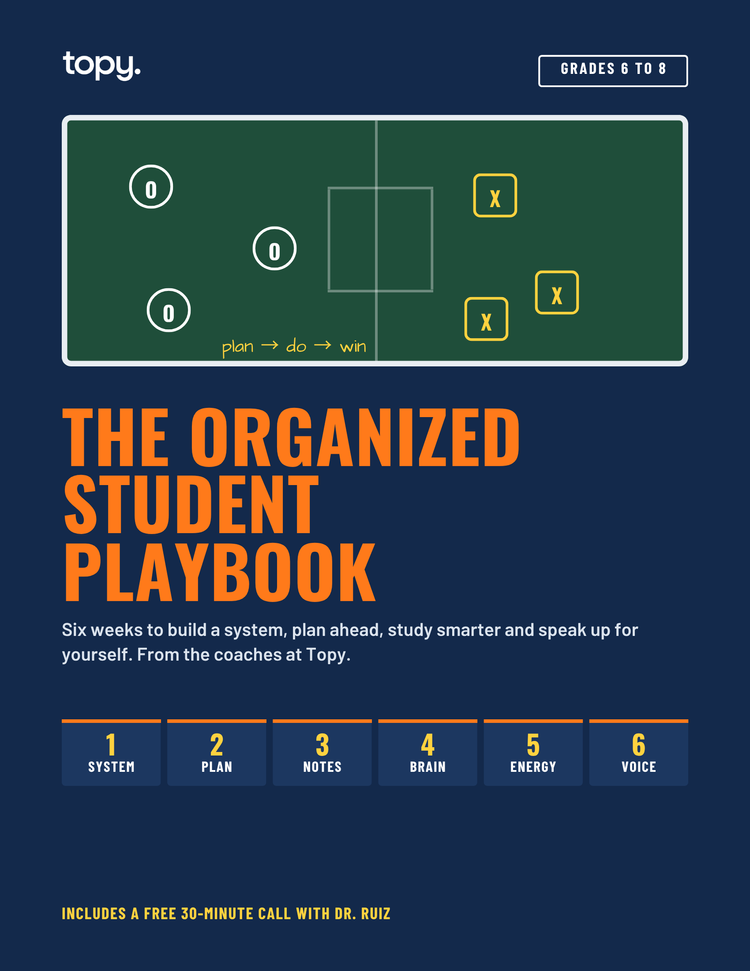 Cover of The Organized Student Playbook, a 6-week Topy playbook for students in grades 6 to 8