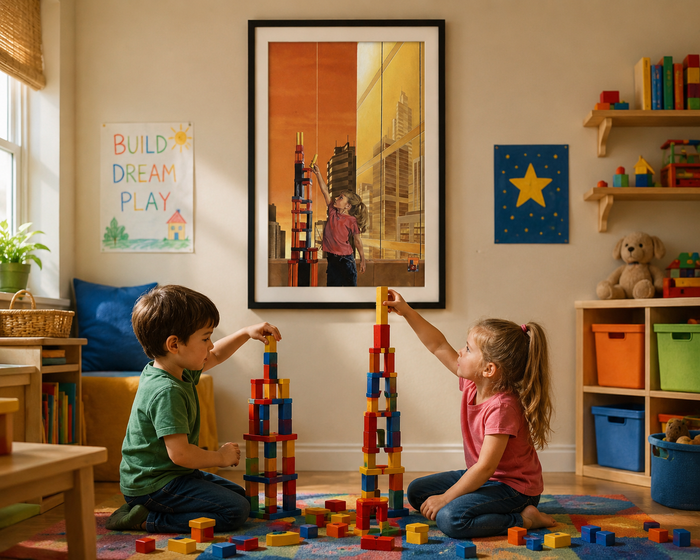 Child's playroom with young builder painting