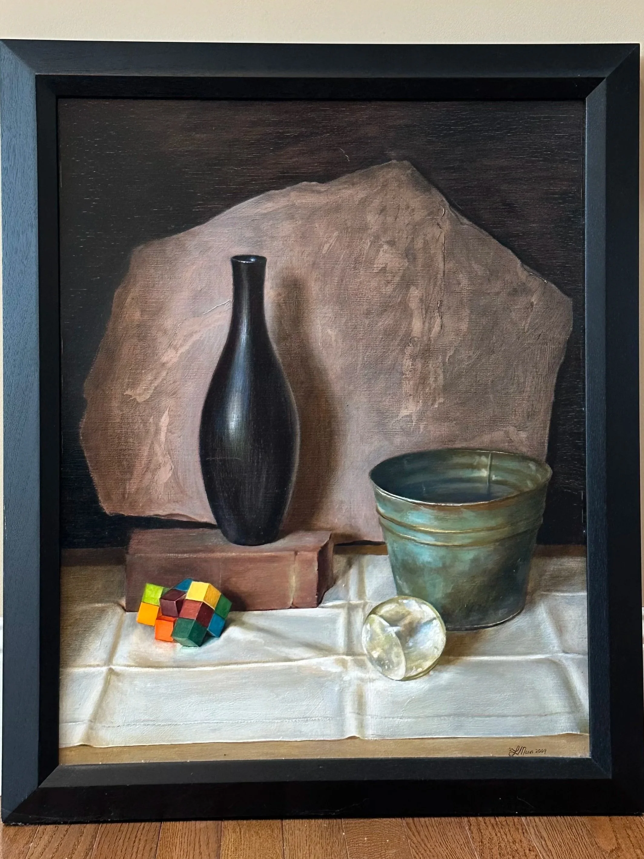 Black Vase, Colored Blocks, and Crystal Sphere original oil painting by Linda Mann