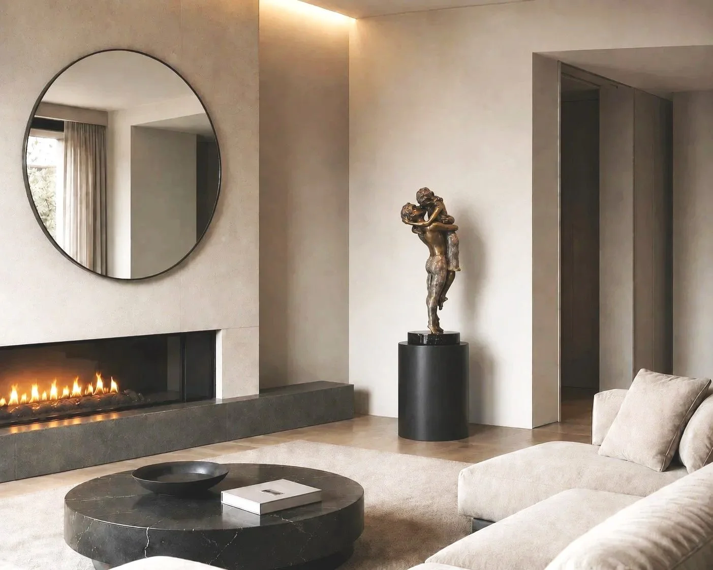bronze sculpture of The Kiss by Mario Jason on display in a contemporary living room
