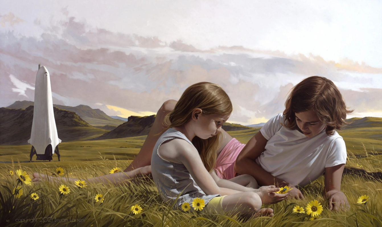 original oil painting with two girls and a rocket