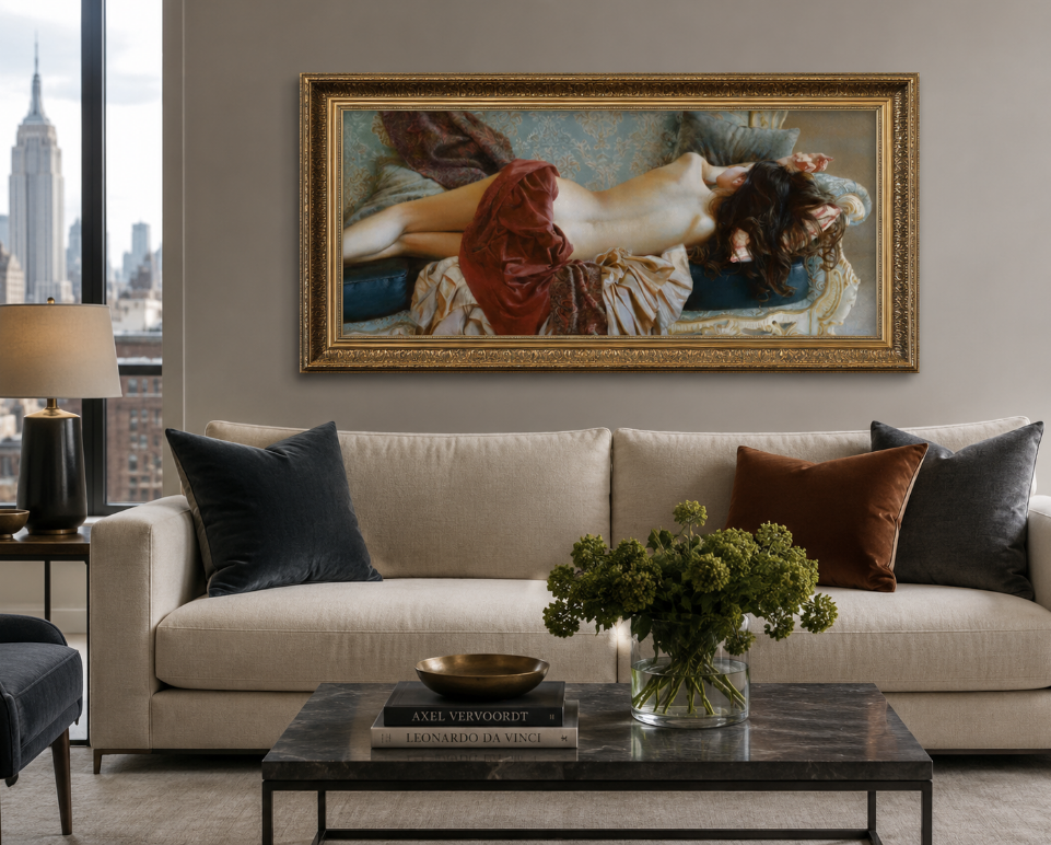 Framed painting of a beautiful woman sleeping