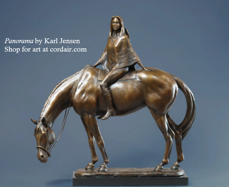 Bronze sculpture of a woman riding a horse against a blue background, with text in the upper left corner that reads 'Panorama by Karl Jensen Shop for art at cordair.com'.