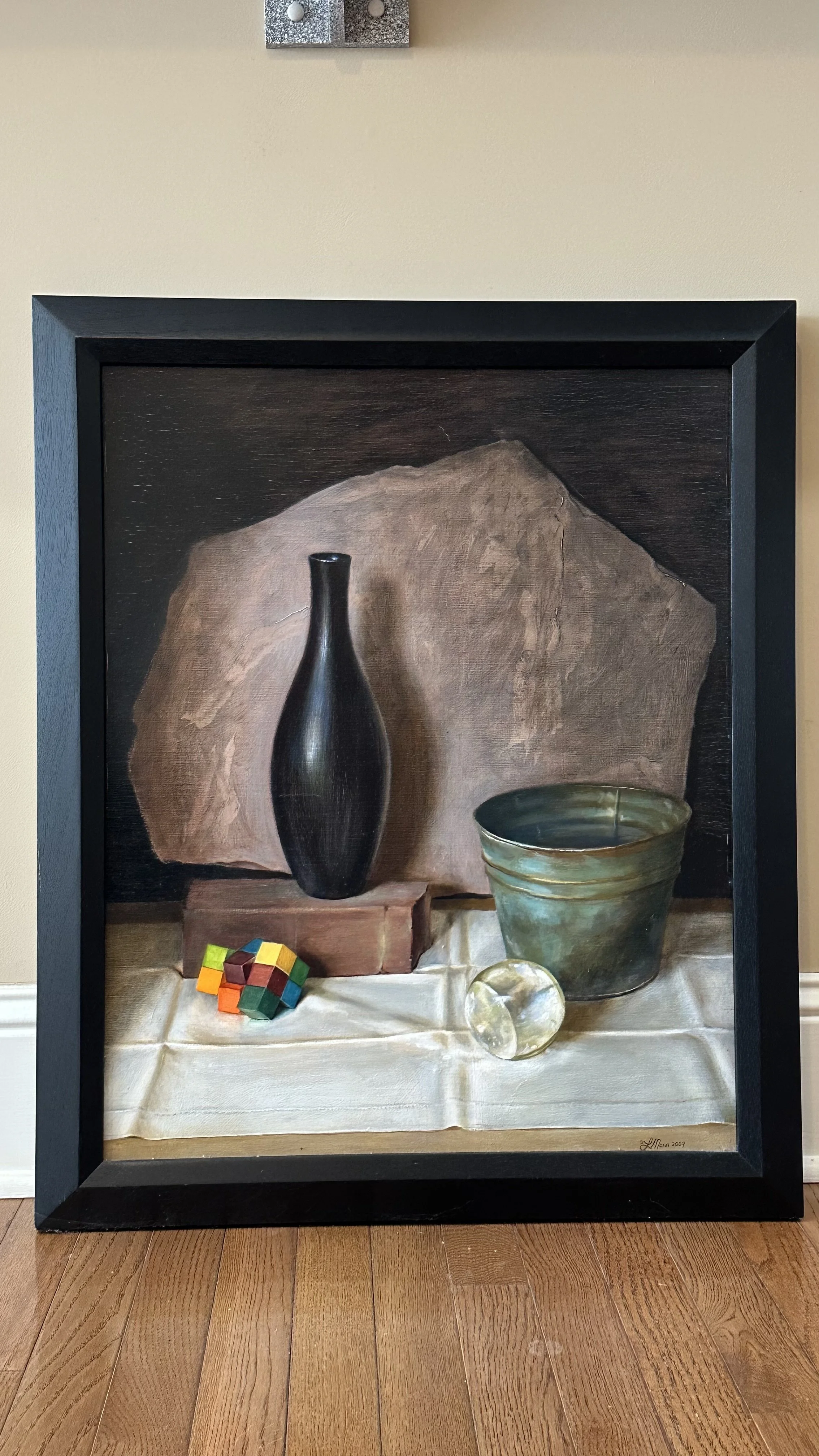 Black Vase, Colored Blocks, and Crystal Sphere