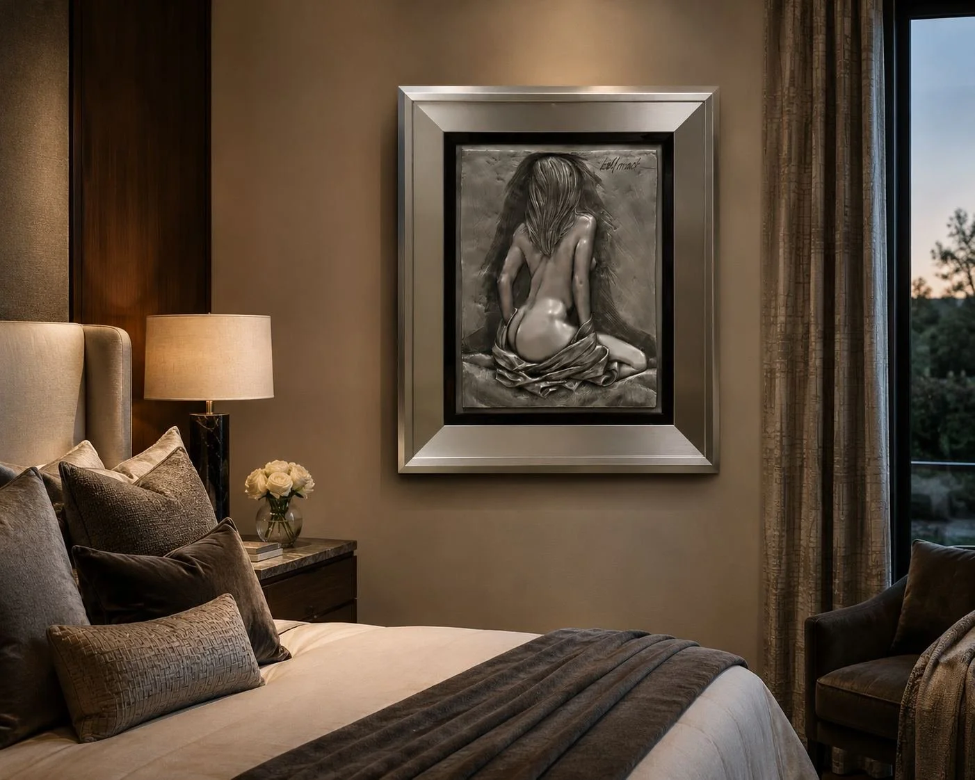 a stainless steel bas-relief sculpture by Bill Mack of a nude woman kneeling transforms this bedroom space