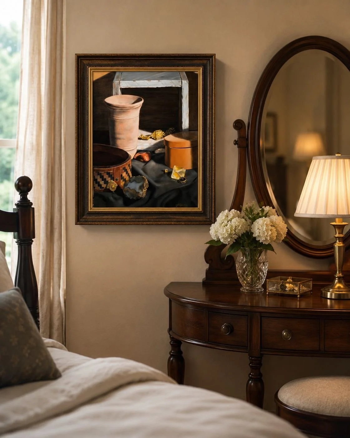 Still life painting by Linda Mann hanging in a bedroom