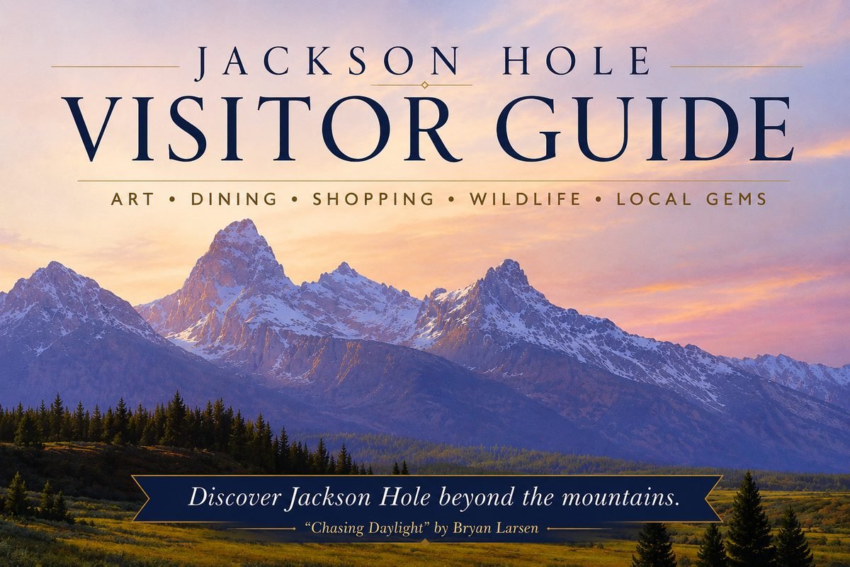 Bryan Larsen painting of the Teton Range near Jackson Hole, Wyoming, featured in the Jackson Hole Visitor Guide by Quent Cordair Fine Art.