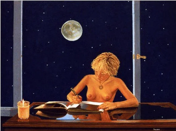 pastel painting of a nude woman drawing by the light of the moon
