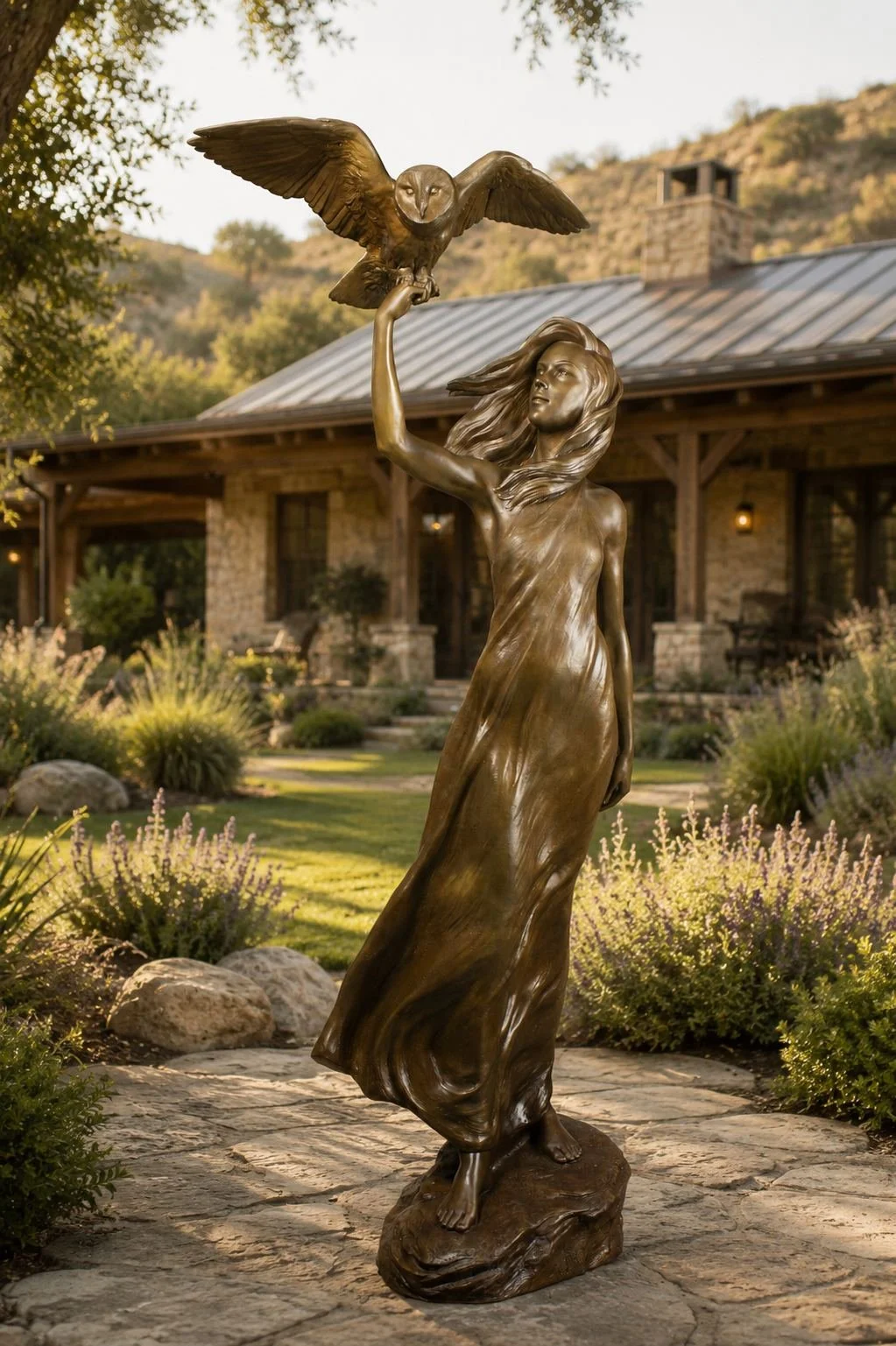 bronze sculpture of a girl with her arm raised in the air holding an owl