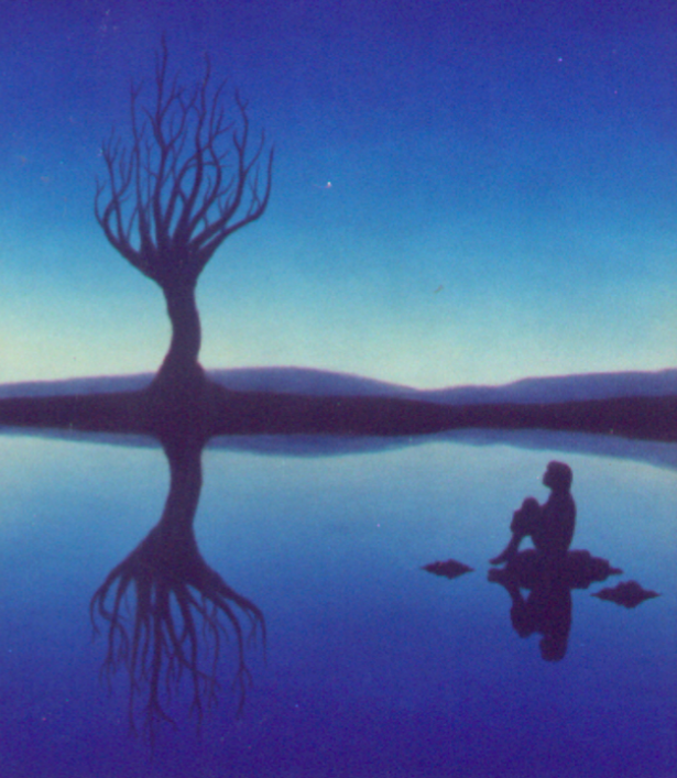 painting of a woman sitting near a pond reflecting while looking at a tree