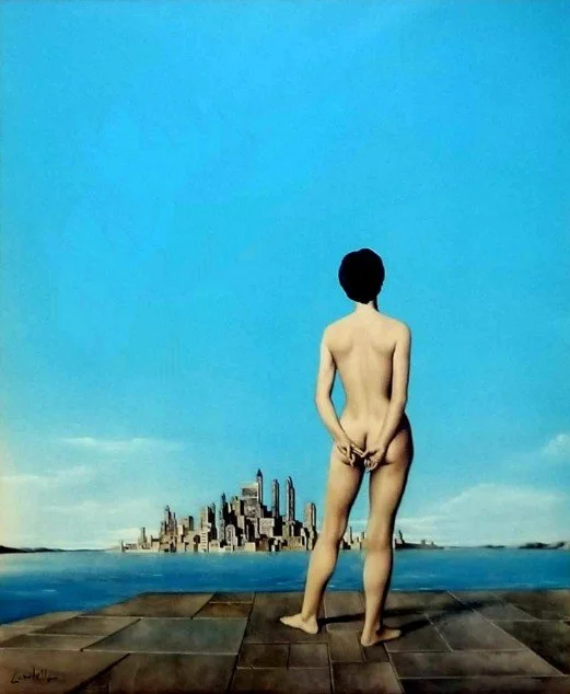 nude woman admiring the new york skyline painting by Jose Manuel Capuletti