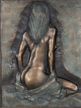 Allure, Bas Relief sculpture by Bill Mack, seated nude shown from behind