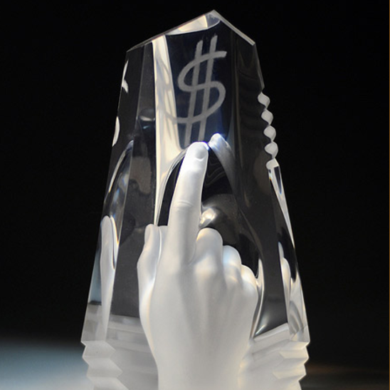 Inspired by Atlas Shrugged money speech sculpture of finger pointing to a dollar sign
