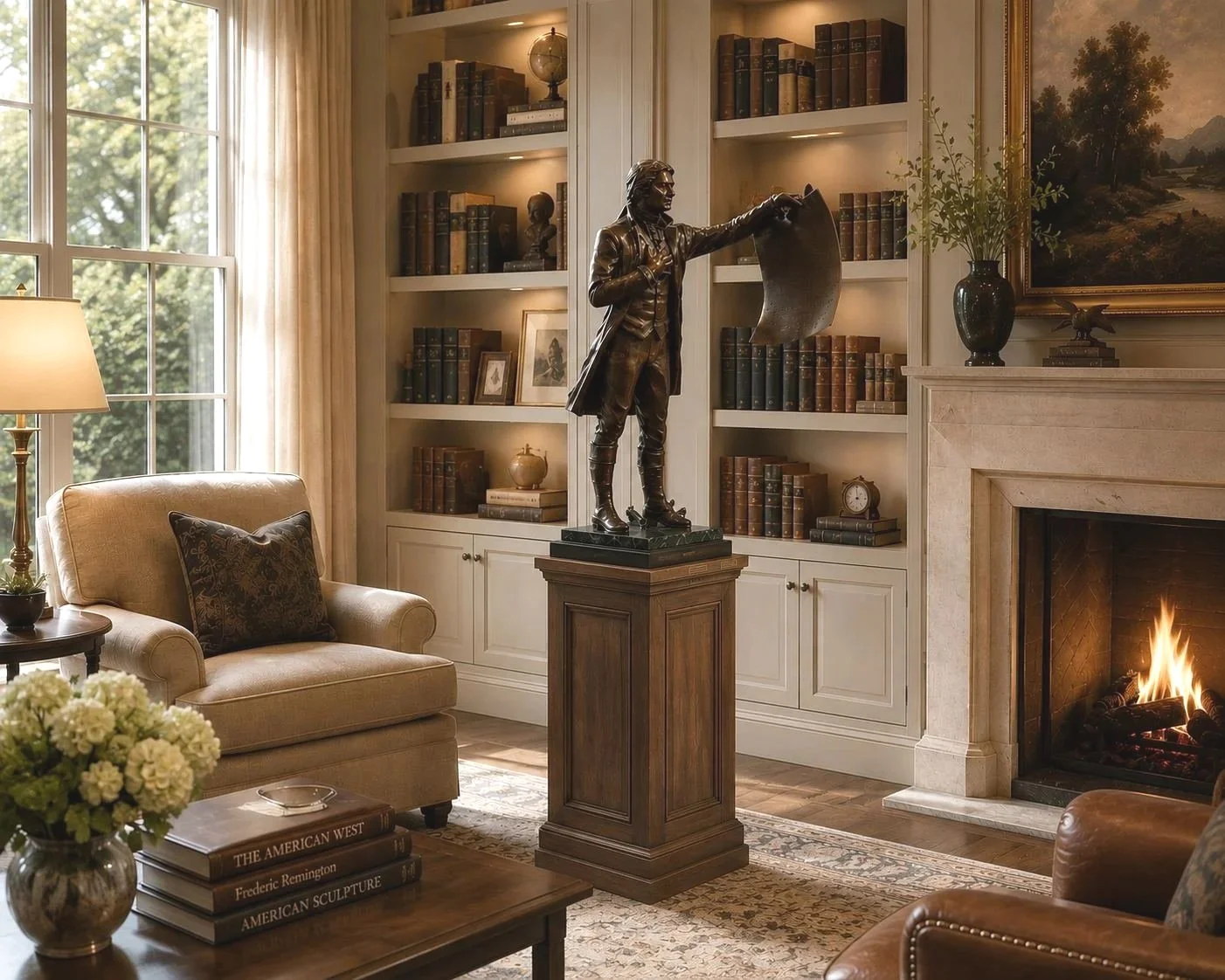 Elegant living room with beige sofa, floral pillow, coffee table with books and flower vase, built-in white bookshelves, bronze statue of a man reading a map on a pedestal, lit fireplace, large window with beige curtains, and framed landscape painting.