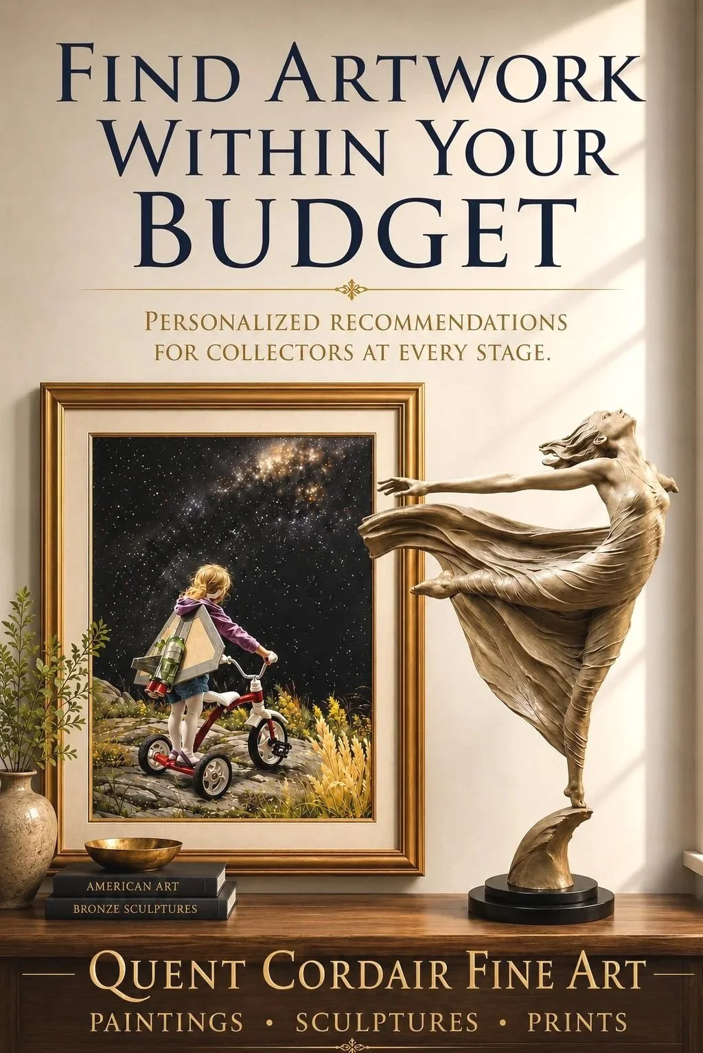 Find Artwork Within Your Budget featuring Off the Beaten Path by Bryan Larsen and Ascending sculpture by Karl Jensen at Quent Cordair Fine Art.