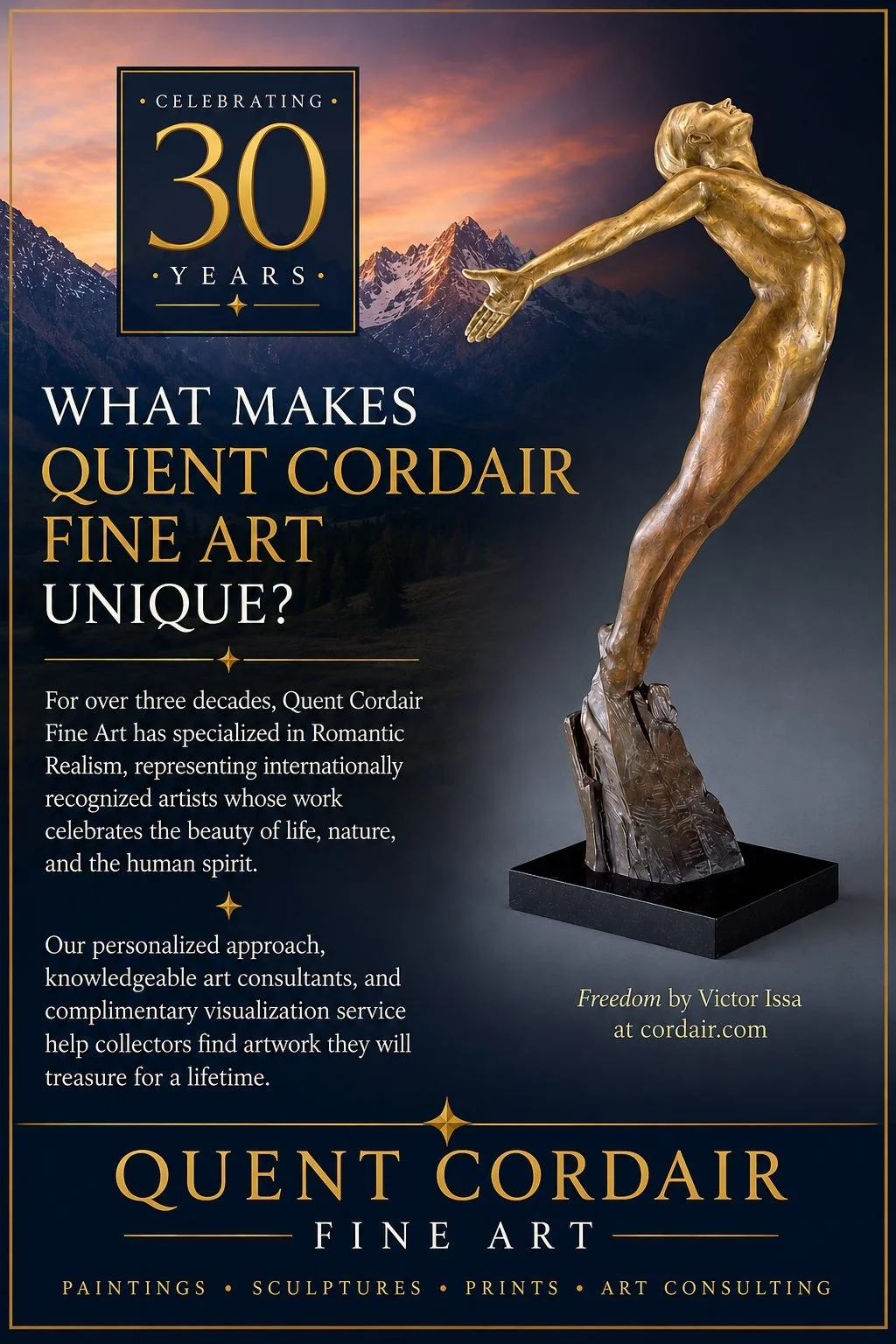 Poster celebrating 30 years of Quent Cordair Fine Art featuring a golden sculpture of a woman with outstretched arms, standing against a mountain sunset background, with text about the art's focus on Romantic Realism.