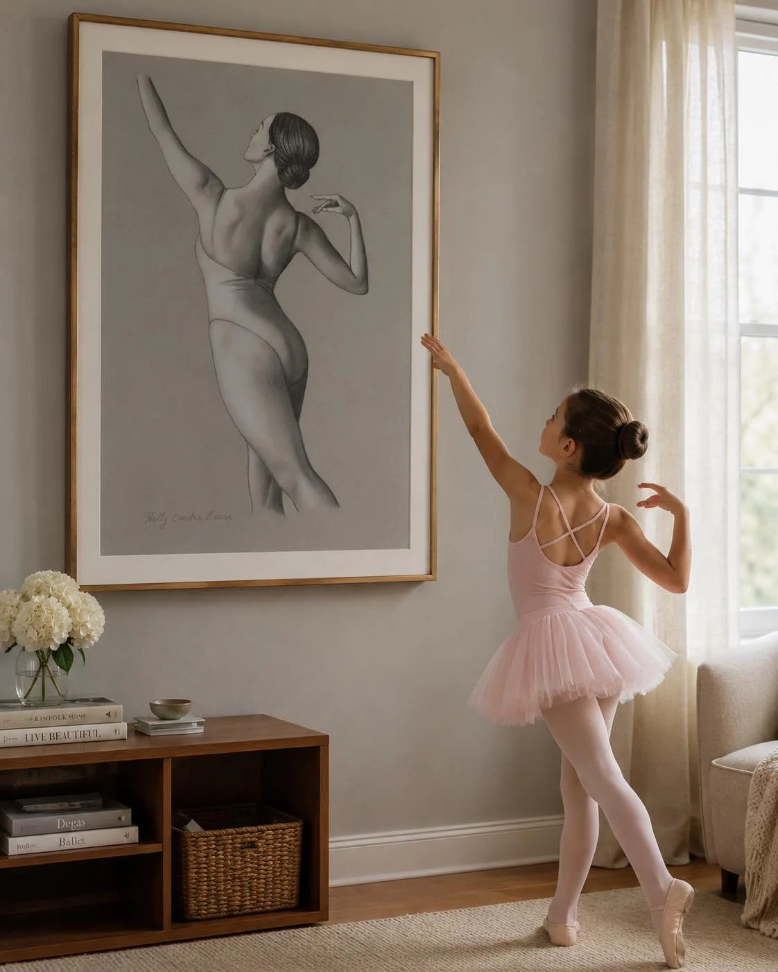 Ballerina painting with a little girl in a pink tutu recreate the pose