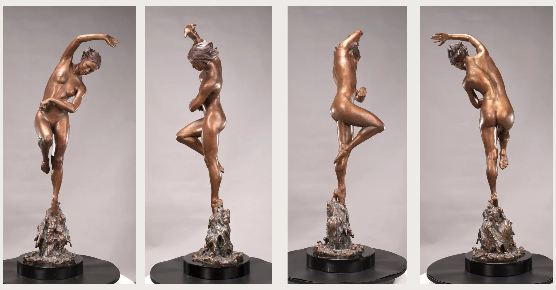 Bronze sculpture, Water Dance by Victor Issa, multiple views of a graceful female figure dancing above flowing water