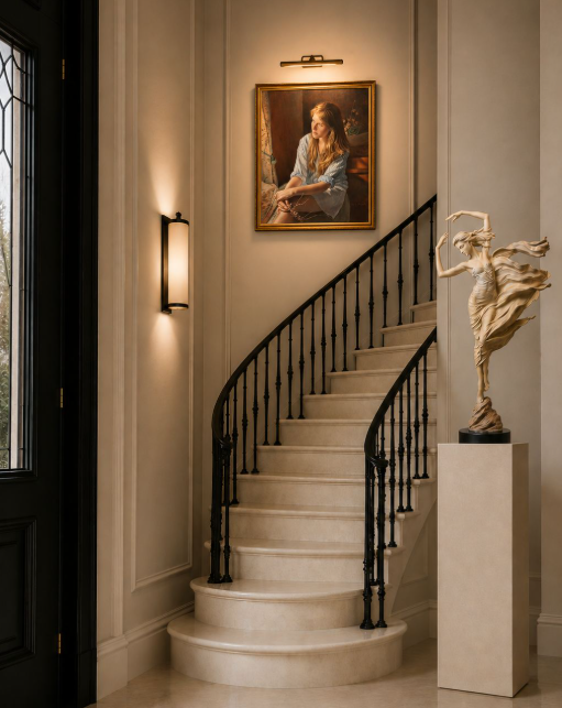 a painting and a sculpture, both well lit