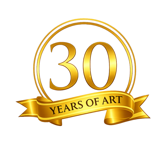 Gold and red emblem celebrating 30 years of art, with a ribbon stating '30 Years of Art'.
