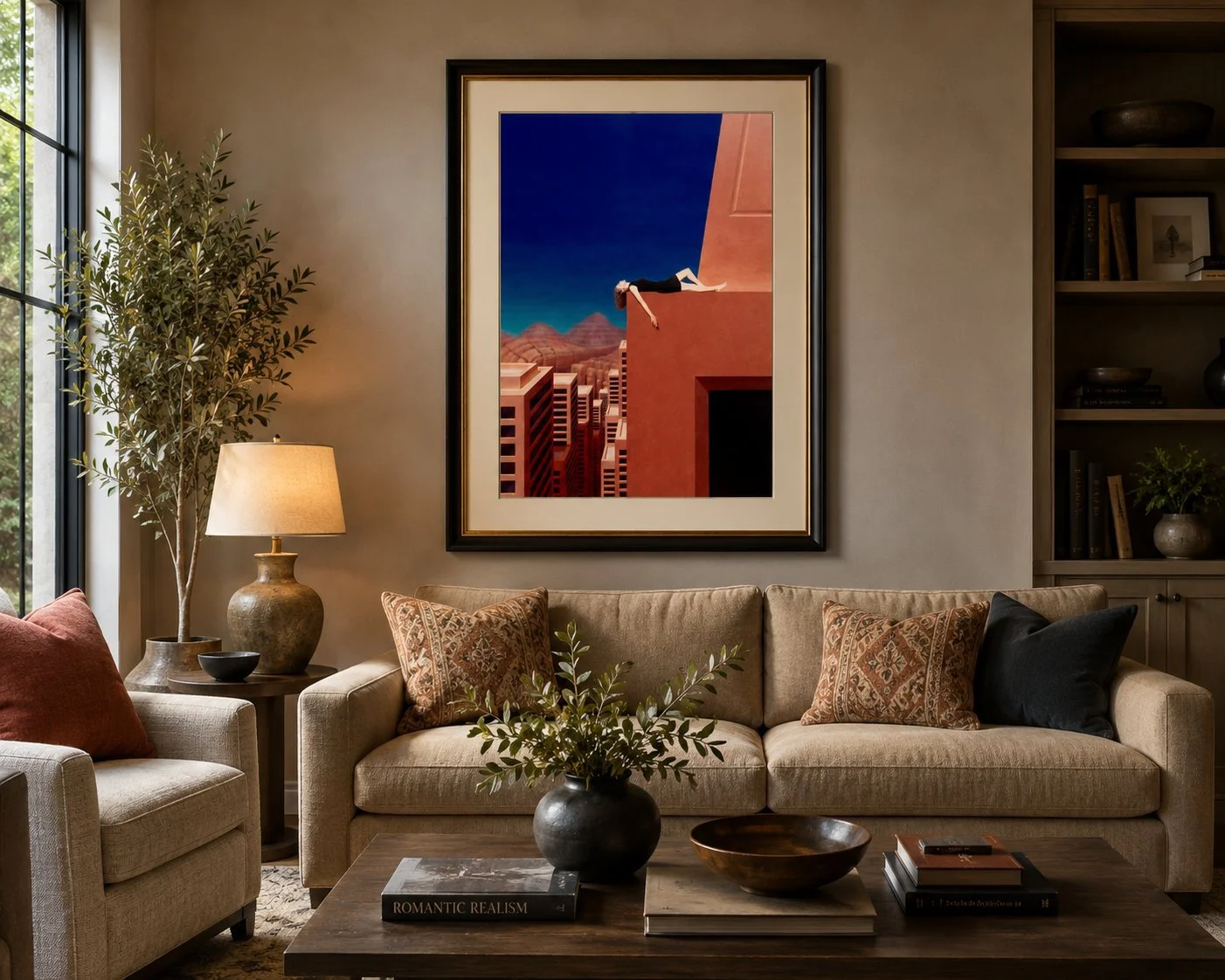 Framed Romantic Realism print depicting a woman reclining above a cityscape, displayed over a living room sofa.
