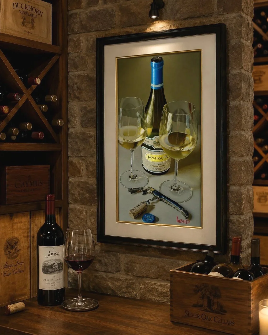 A framed painting of a wine bottle and two wine glasses on a table, with a corkscrew, a cork, and a blue foil capsule, signed 'Avid.'