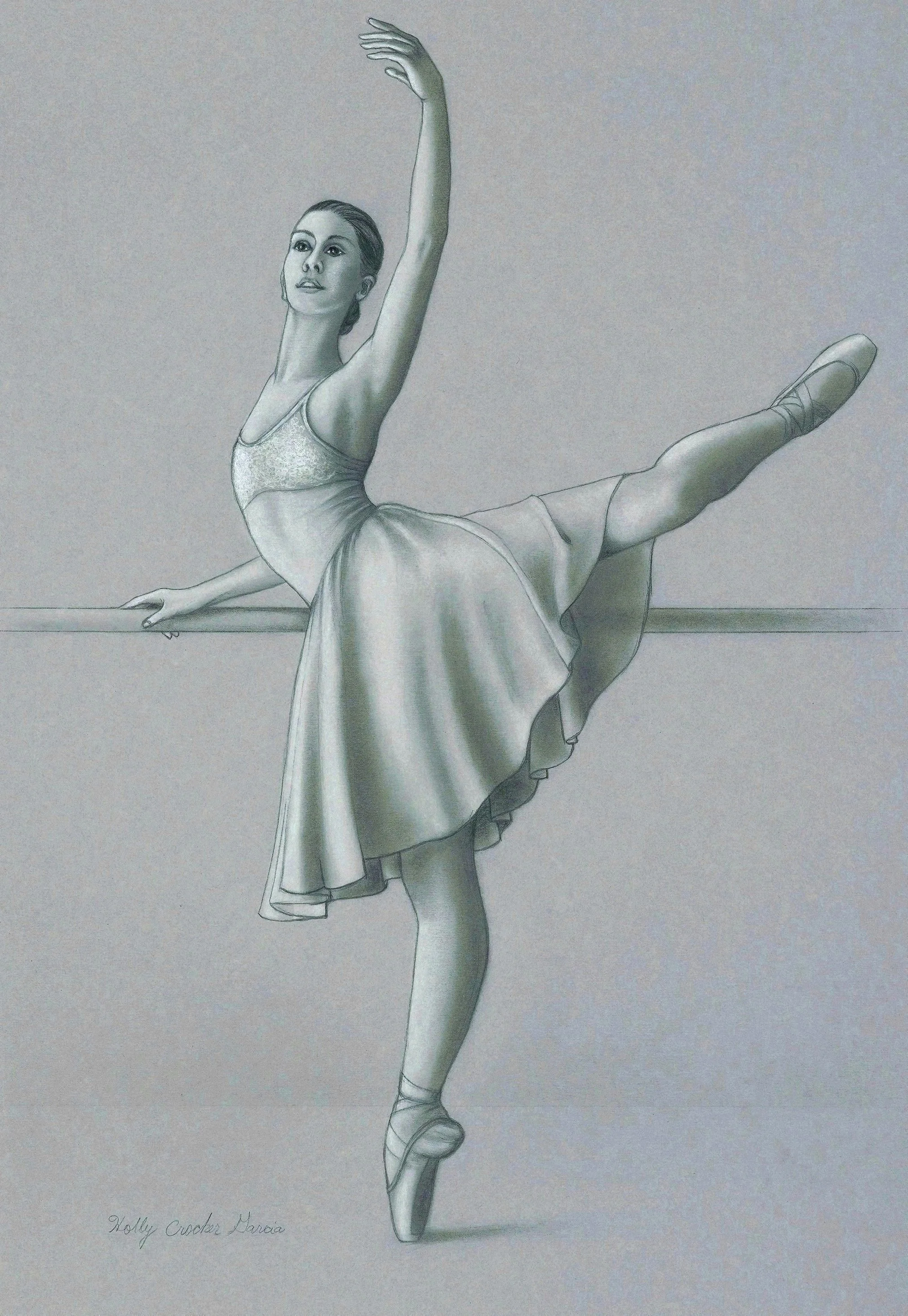 At the Barre by Holly Crocker Garcia, graphite drawing of a ballerina standing en pointe at the ballet barre with one leg extended gracefully behind her.