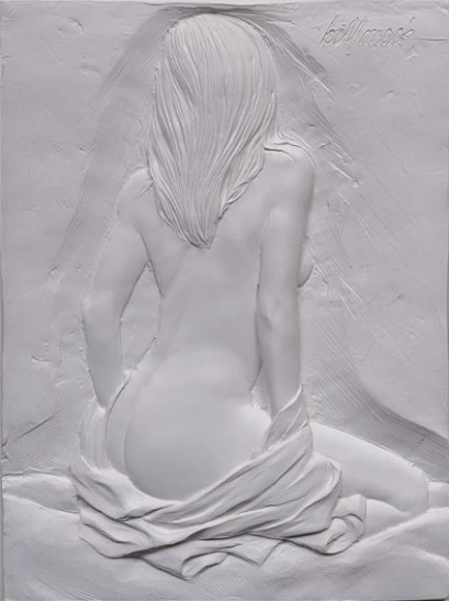Allure, Bas Relief sculpture by Bill Mack, seated nude shown from behind