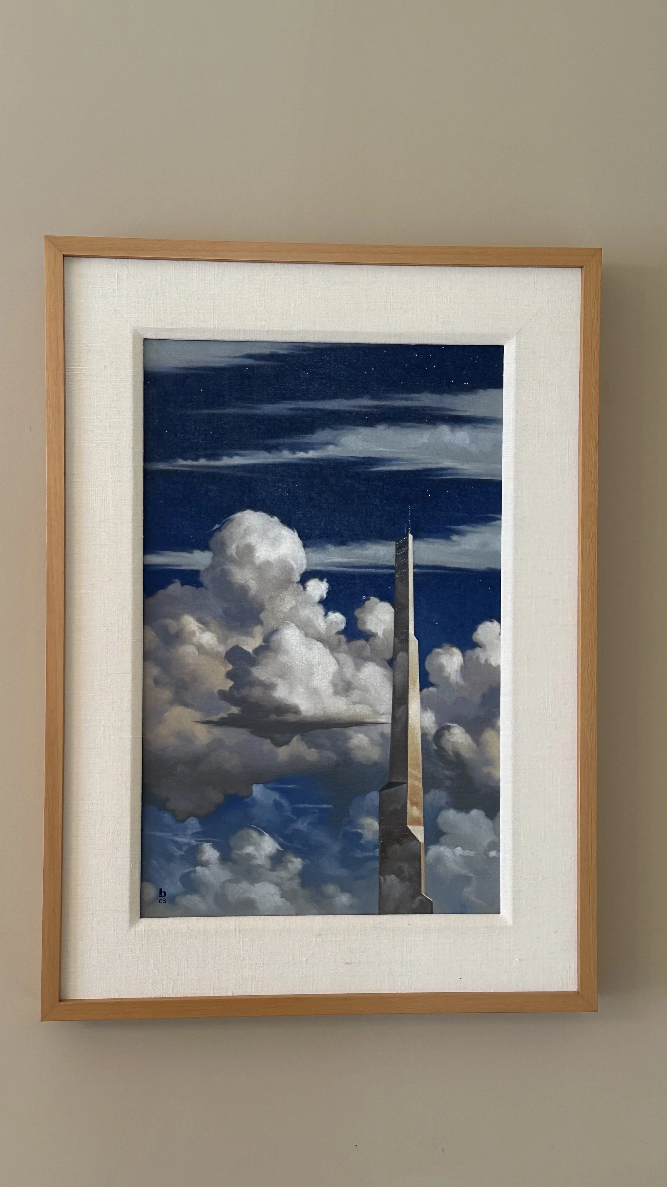 Among the Clouds by Bryan Larsen, contemporary realist oil painting of a soaring architectural spire rising above dramatic clouds beneath a deep blue starry sky.