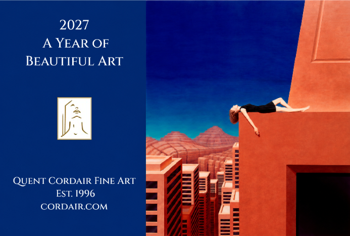 2027 Quent Cordair Fine Art calendar cover featuring a woman reclining on a red rooftop above a stylized city and desert mountains