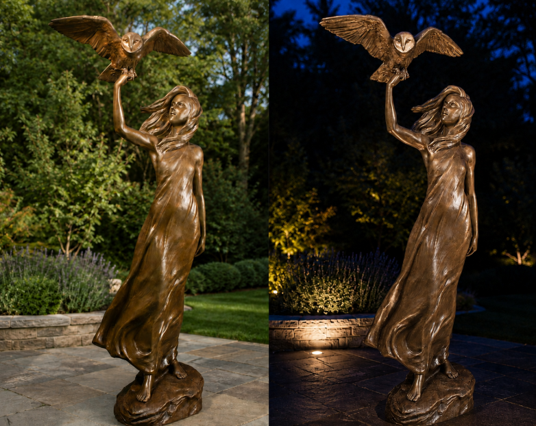side by side comparison of lighting an outdoor bronze sculpture