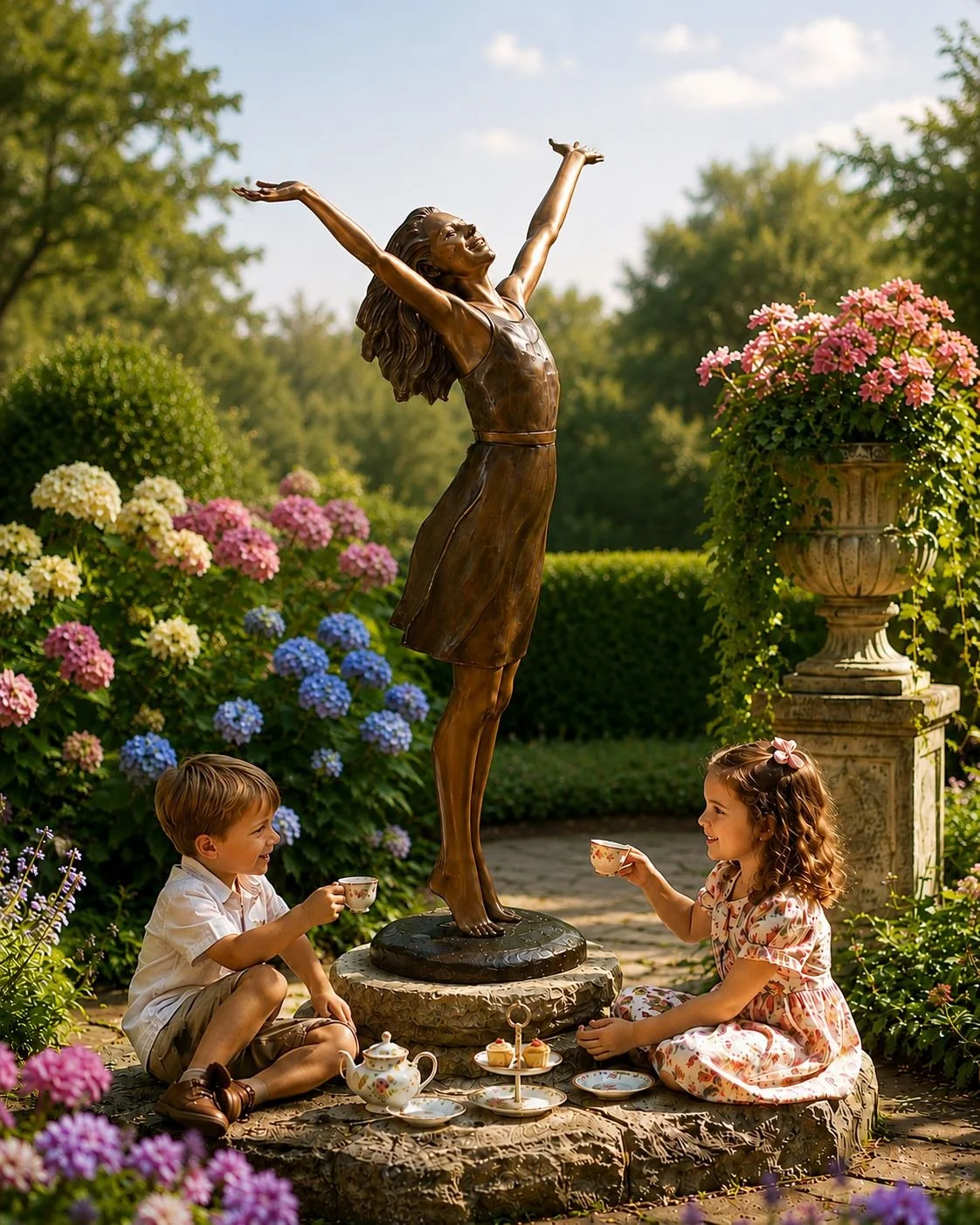 Sculpture of little girl on her tip toes in a garden where children are enjoying a tea party