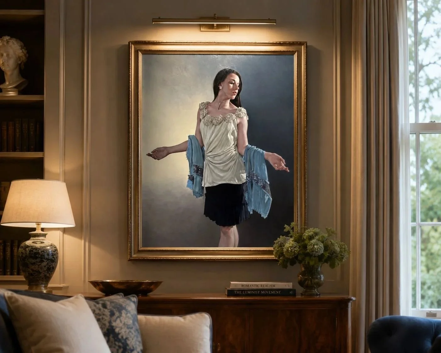 framed painting of Light and Shadow by Bryan Larsen above a buffet in a living room