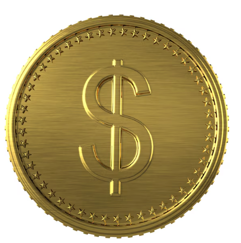 A gold coin with a dollar sign ($) in the center and a border of small stars.