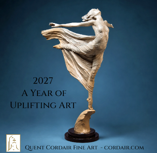 2027 Quent Cordair Fine Art calendar cover featuring a flowing bronze sculpture of a dancing woman on a blue background