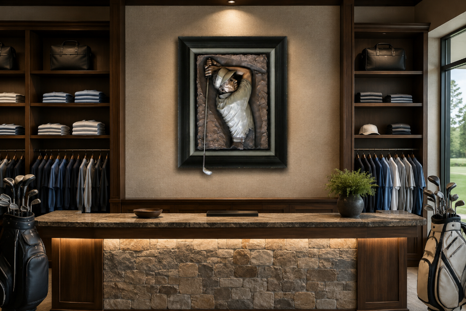 Golf art hanging on the wall in a pro shop
