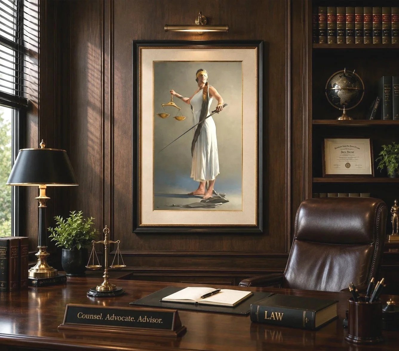 A law office with a wooden desk, a leather chair, desk lamps, a small plant, a scale, and legal books. A large portrait of Lady Justice hangs on the wall.