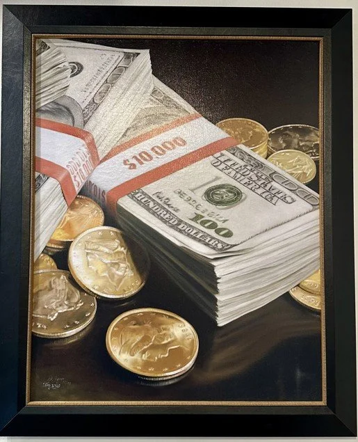 painting of $10,000 and gold coins