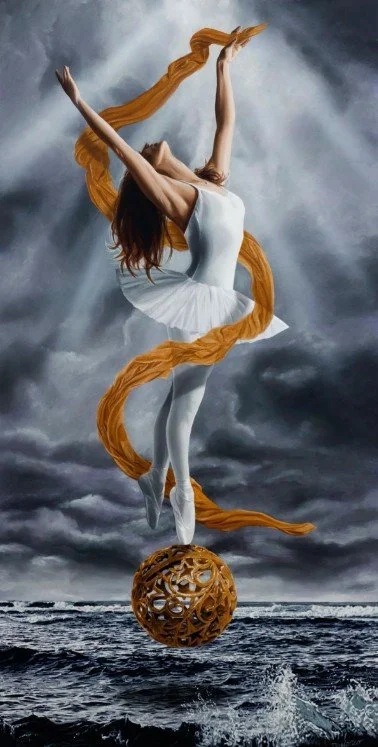 A dancer rises above the restless sea, entwined with a golden ribbon