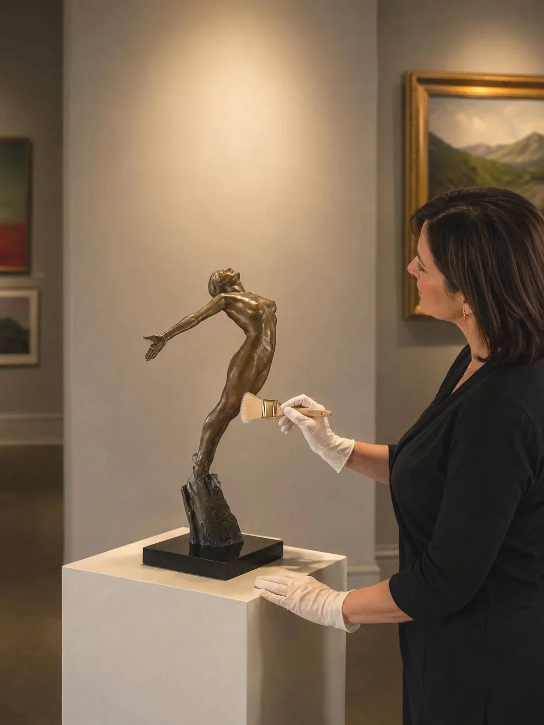 woman cleaning sculpture
