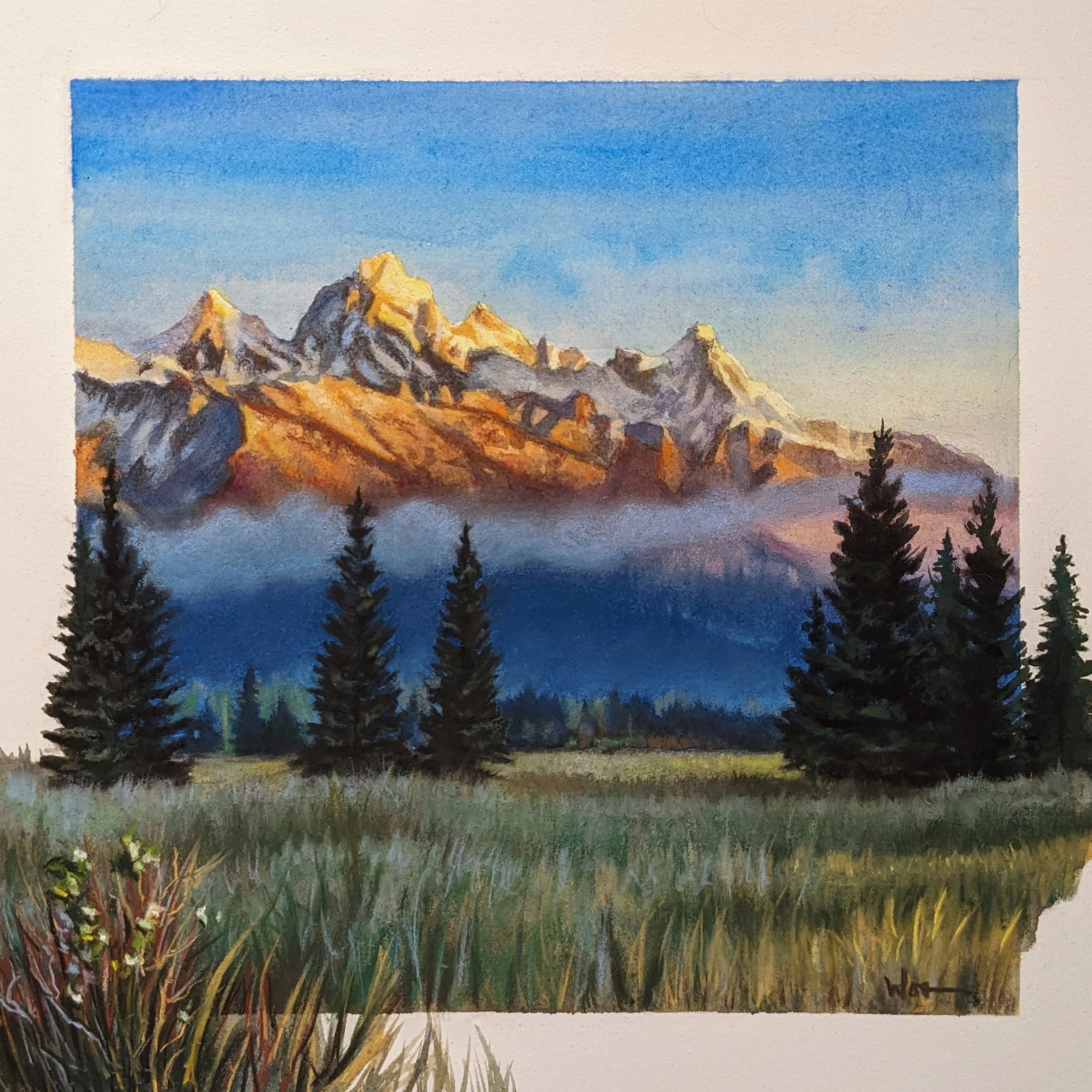 Original watercolor painting, Teton Glory by Jon Wos, depicting the Grand Teton mountain range illuminated by sunrise above misty meadows and evergreen trees in Wyoming.