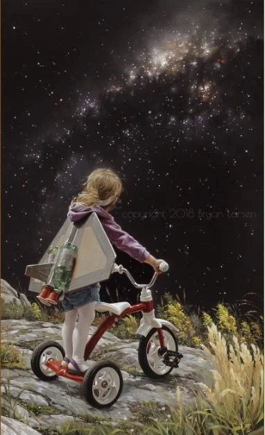 painting of a little girl on her tricycle wearing a homemade jet pack by bryan larsen