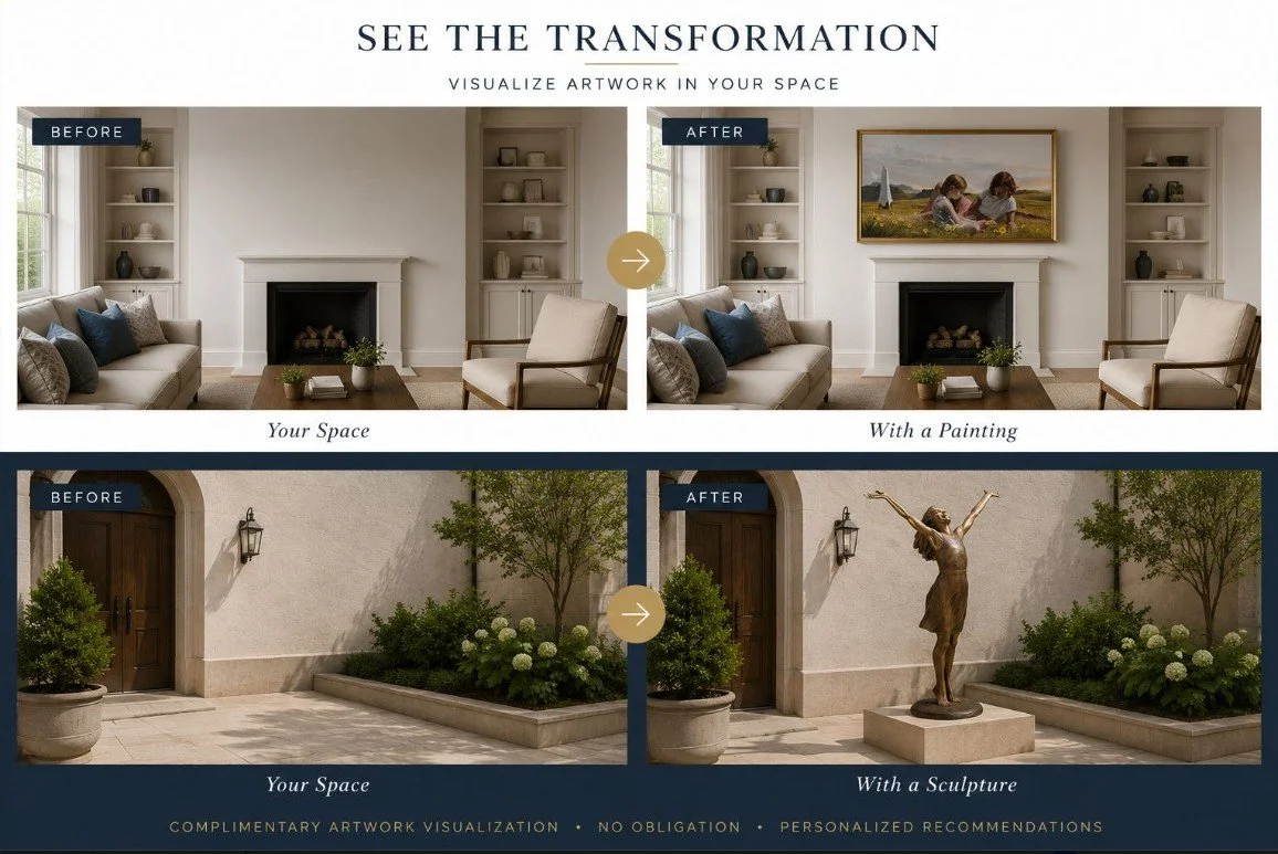 Before-and-after Art Visualization showing a room without artwork and with artwork added to demonstrate scale and placement